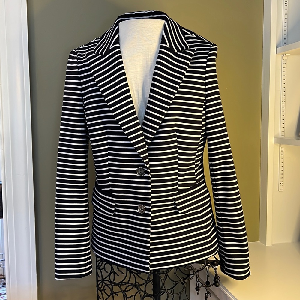 Banana Republic Blazer Jacket Sz 0P Dark Navy/White Stripe